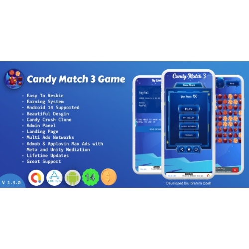 Candy Match 3 Game with Earning System and Admin Panel + Landing Page
