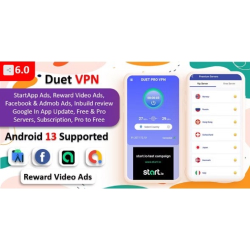 Duet Pro VPN App | Secure VPN App & Fast VPN | Subscription | StartApp Ads | Facebook & Admob Ads