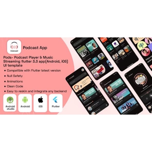Pods- Podcast Player & Music Streaming flutter 3.3 app(Android, iOS) UI template