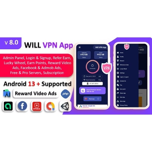 WILL VPN App – VPN App With Admin Panel | Secure VPN & Fast VPN | Refer & Earn | Reward Lucky Wheel
